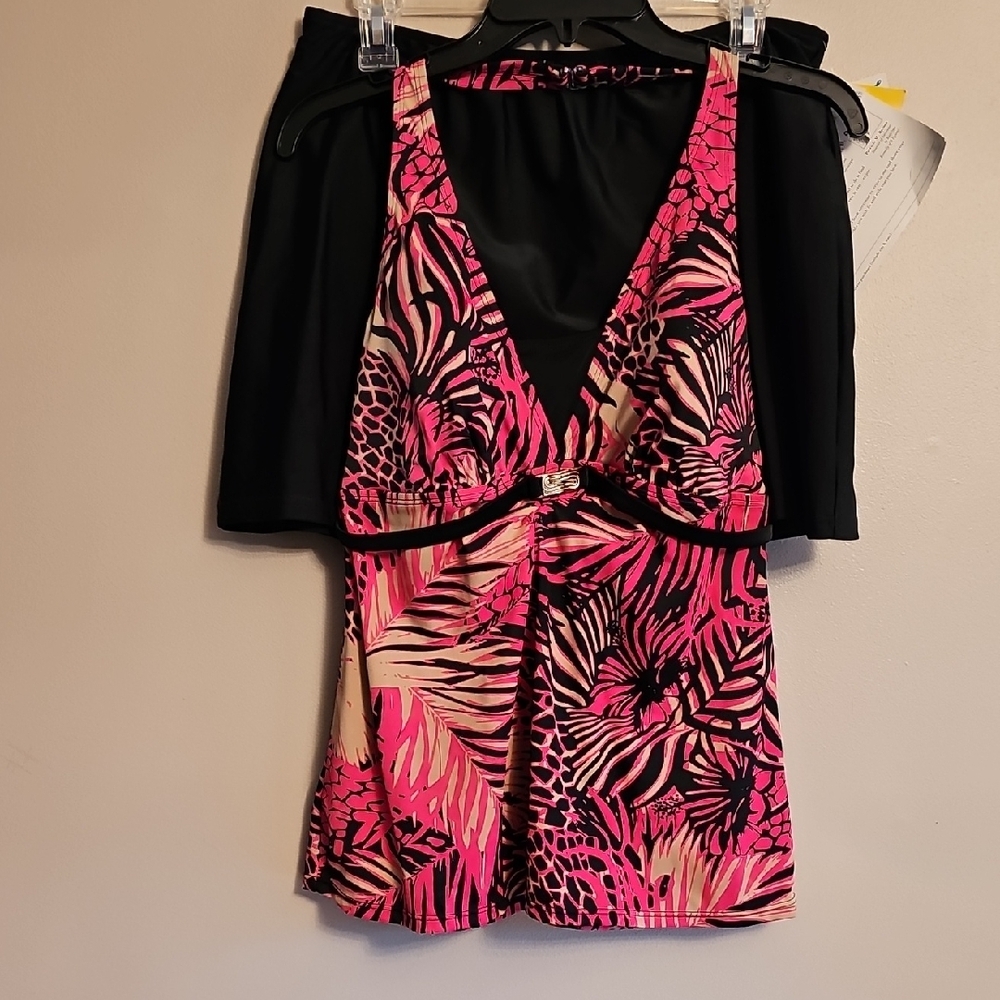 Pink and Black Tropical Print Swimsuit
